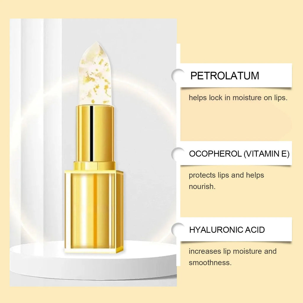 Gold foil discoloration nourishing lipstick in a compact black case, 3.5g net weight.