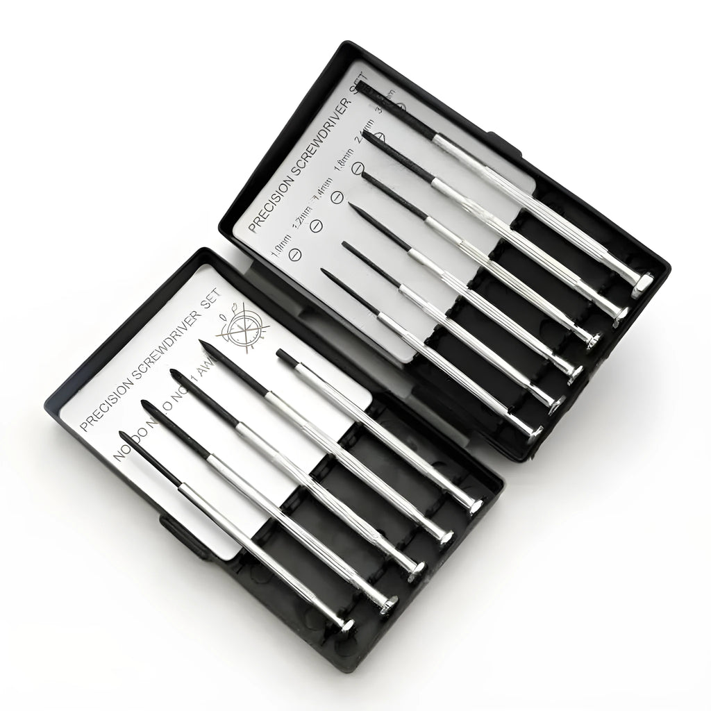 TH-6177 11-piece clock screwdriver set with various bits on a blue background.