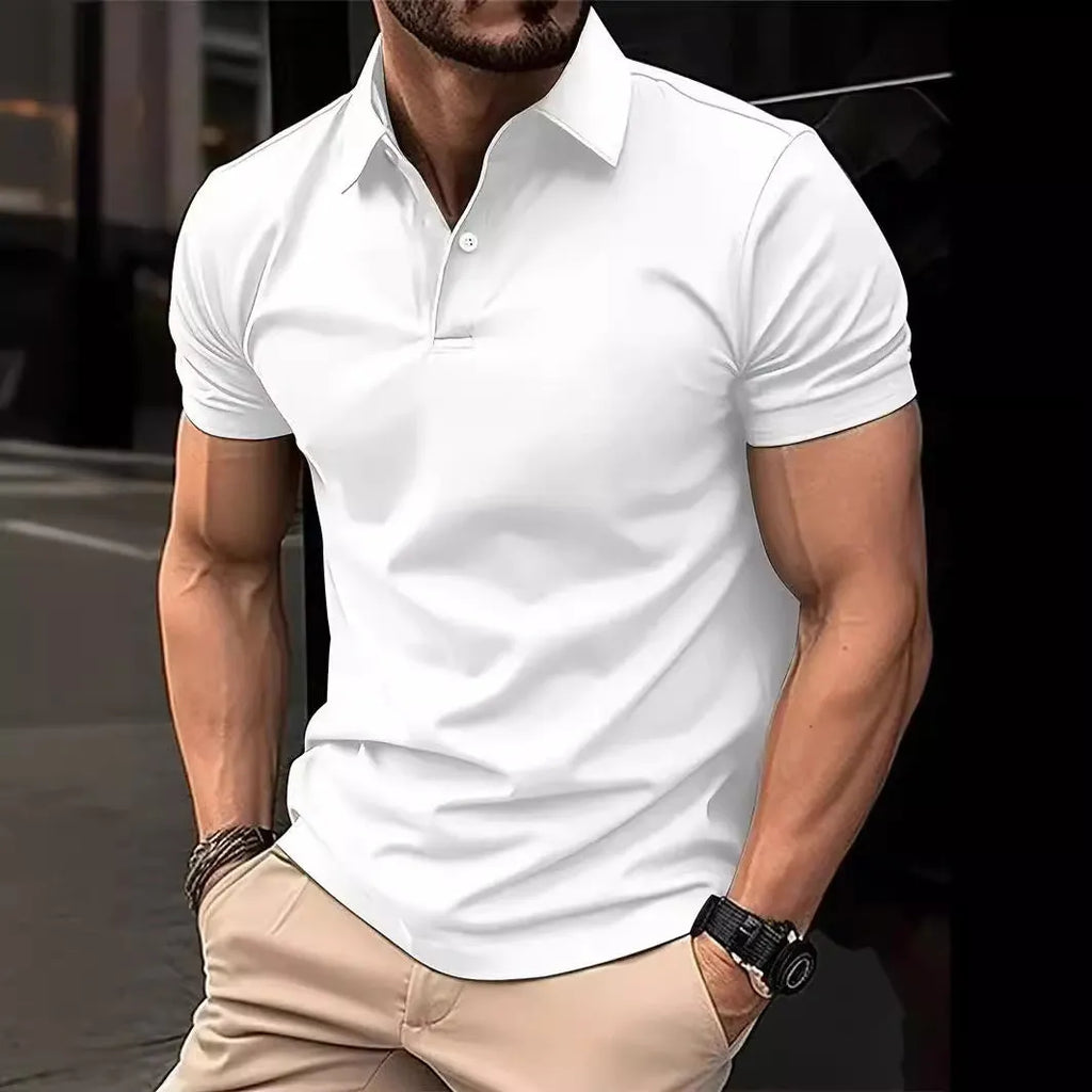 Men's slim fit short sleeve button-up shirt in cotton polyester blend, multiple solid colour options displayed