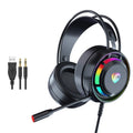 Black wired computer headphones with microphone, 50mm drivers, and 2.2 metre cable with 3.5mm and USB plugs