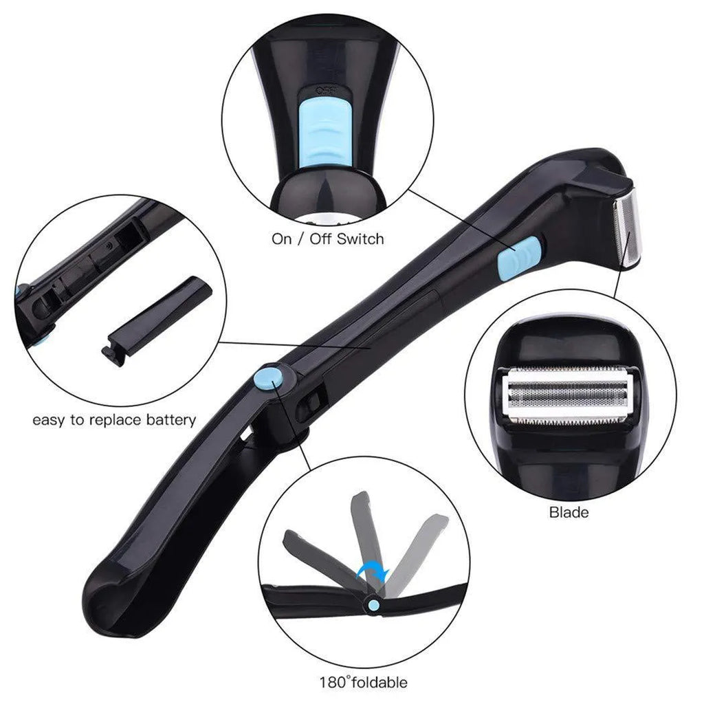 Black folding electric body shaver with ABS plastic construction for full body hair removal
