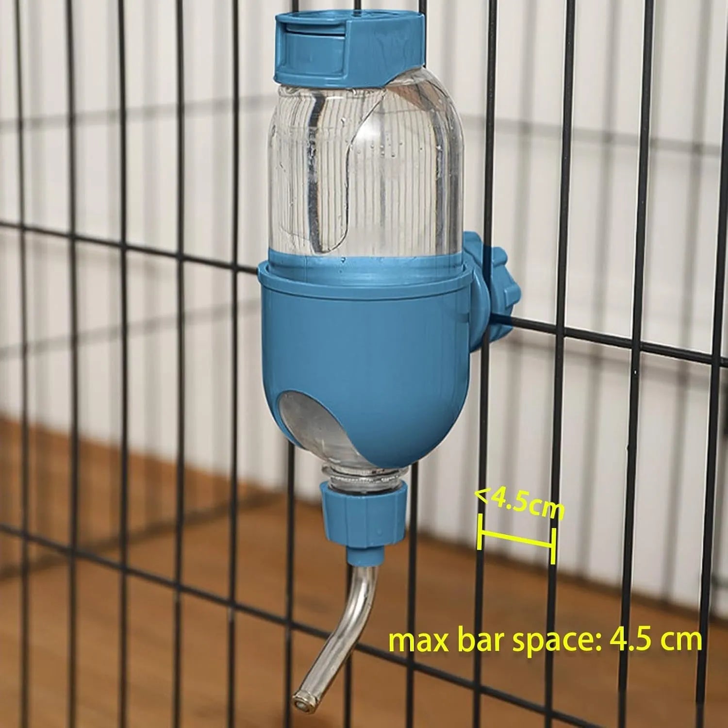 Blue small animal water bottle with rotatable nozzle attached to cage wire