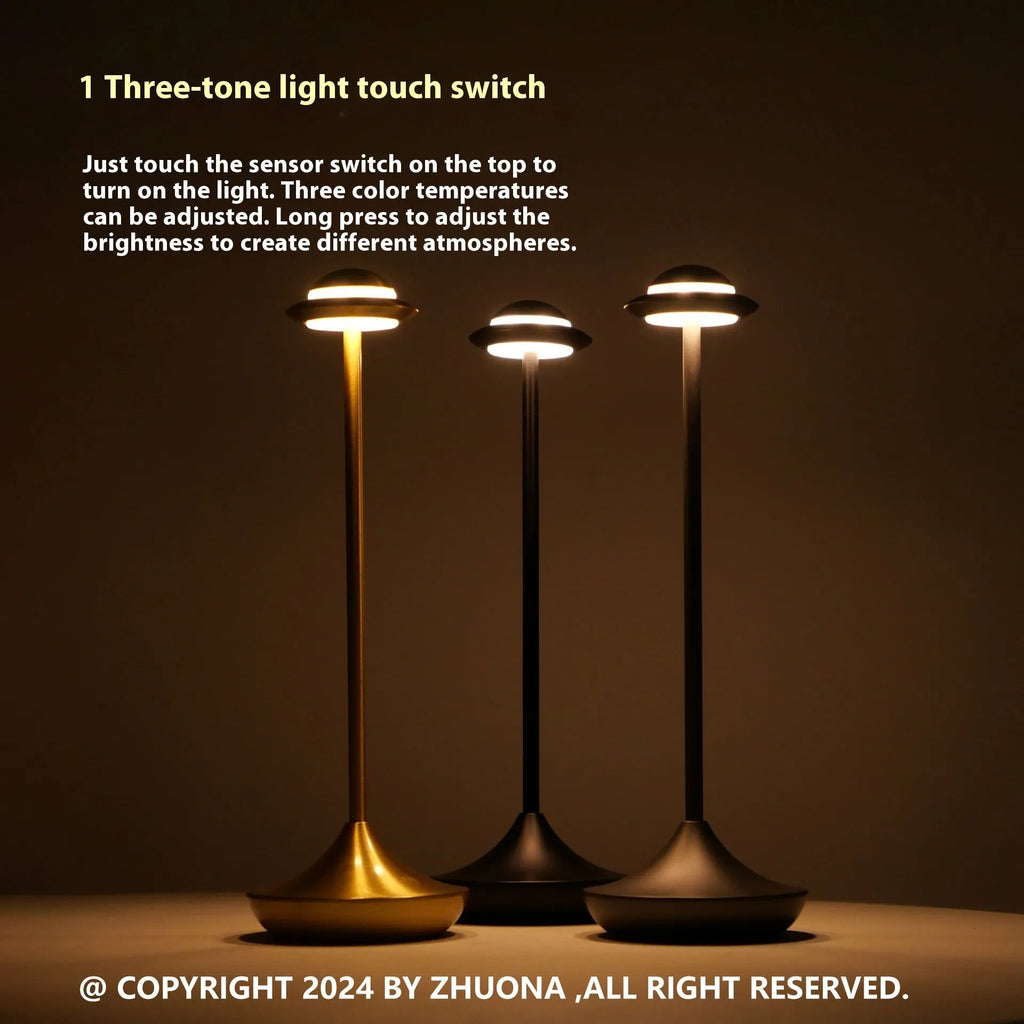 Metallic UFO-shaped rechargeable table lamp with touch dimming in black, gold or grey