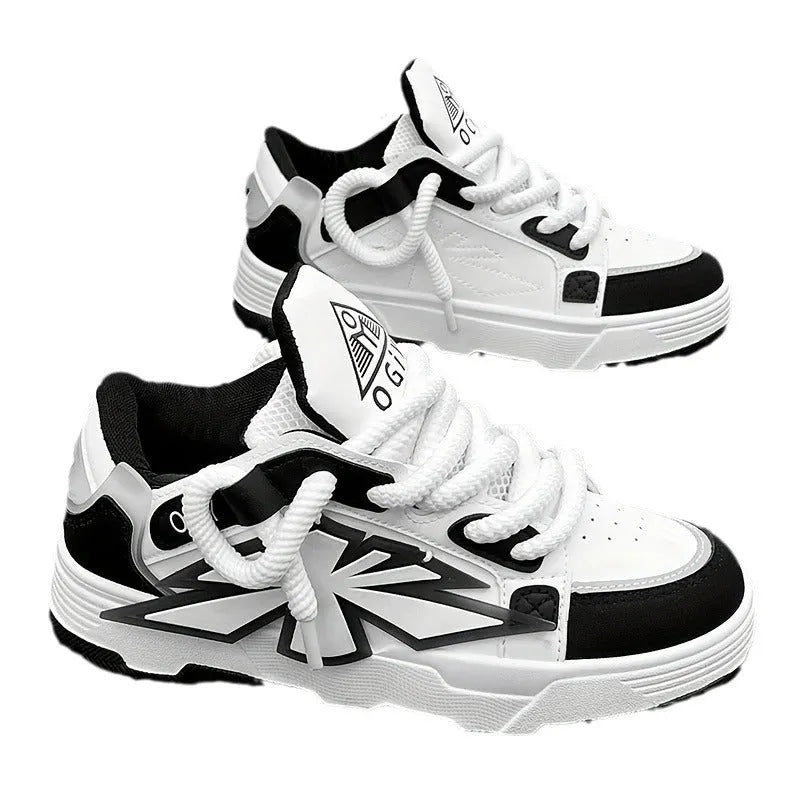 Men's white chunky low-top sneakers with round toe and lace-up front on rubber sole
