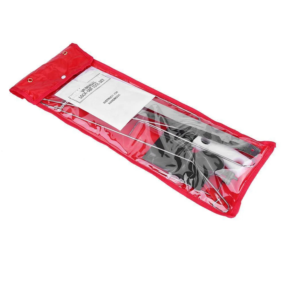 Automotive emergency tool set with air pump wedge, plastic wedges, crowbar tools and hooks for vehicle lockout