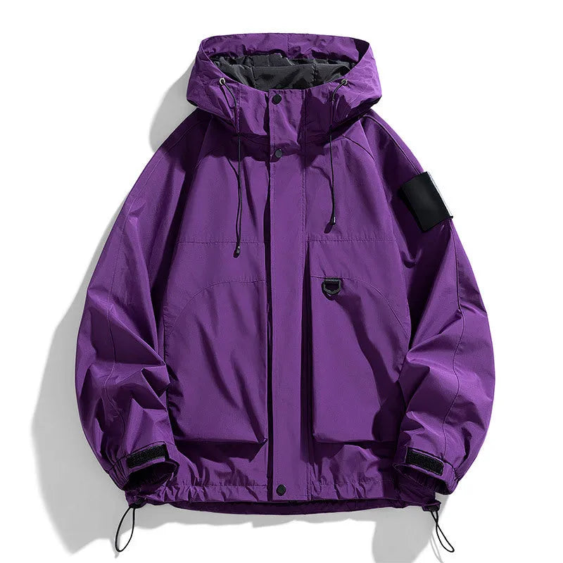 Men's black waterproof hooded jacket with long sleeves, shown in regular length fit.