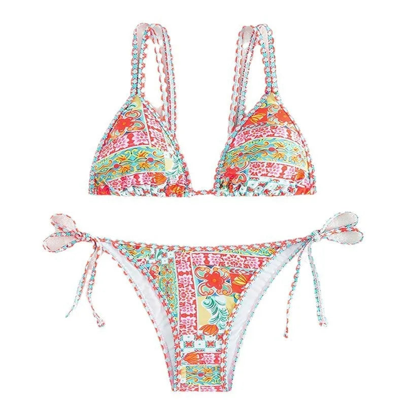 Women's lace-up front split swimsuit in European style with backless design for swimming