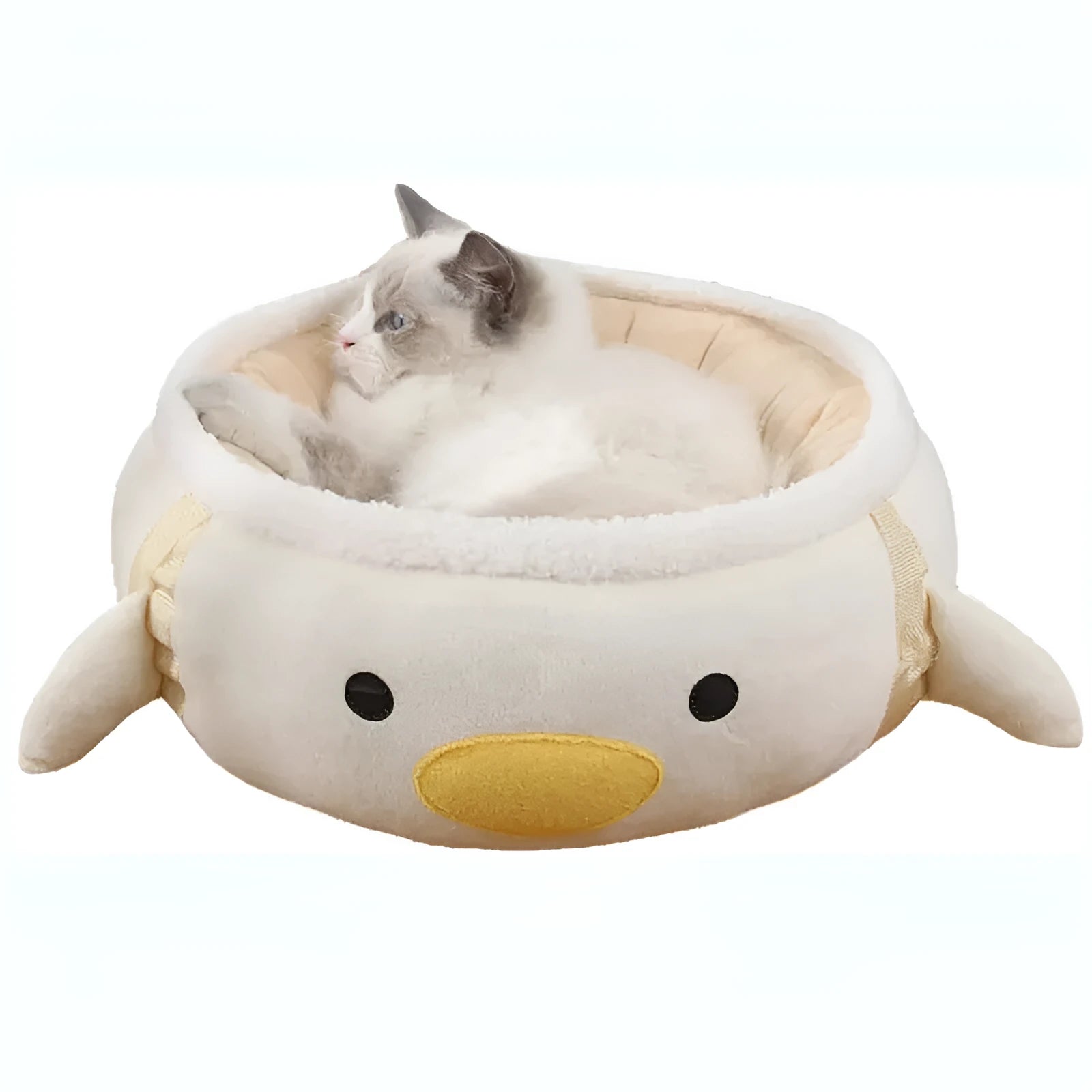 Green chick and dinosaur shaped cat bed shown both flat as a nest and hanging as a hammock for small pets.