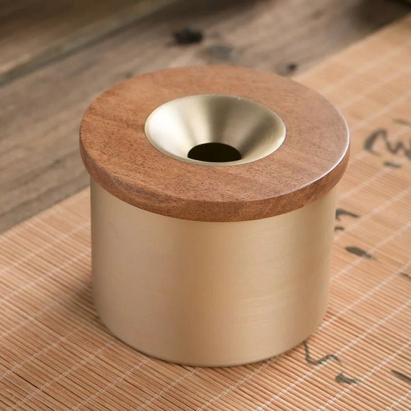 Brass retro ashtray with a wooden lid, available in black or rosewood finish.