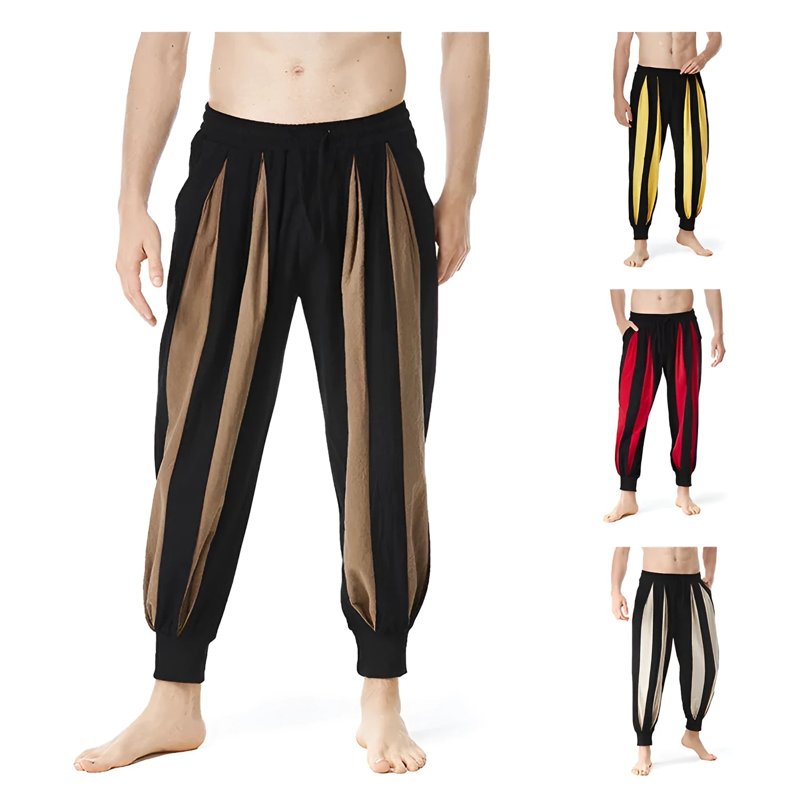 Man wearing straight-fit casual trousers in red, made from polyester, suitable for spring.