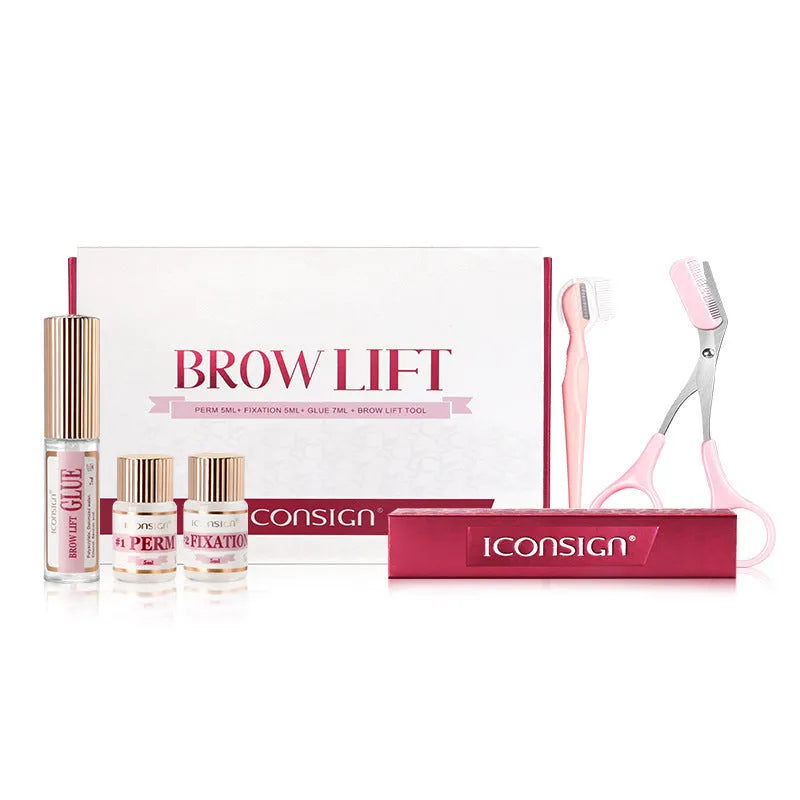 Pink eyebrow quick ironing applicator and complete eyebrow perm set in organised suit-style packaging