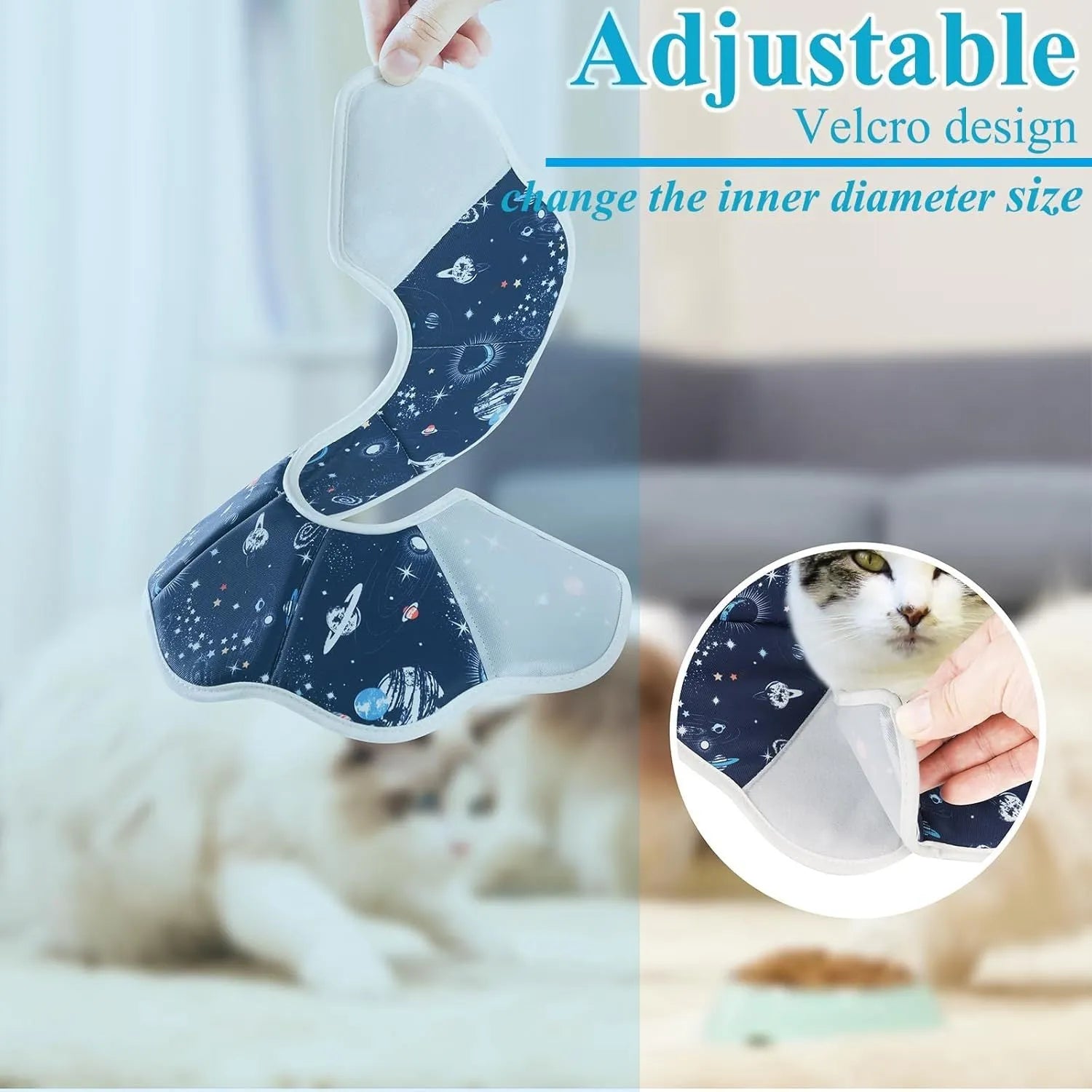Soft adjustable cat recovery cone collar in Constellation colour for post-surgery wound protection