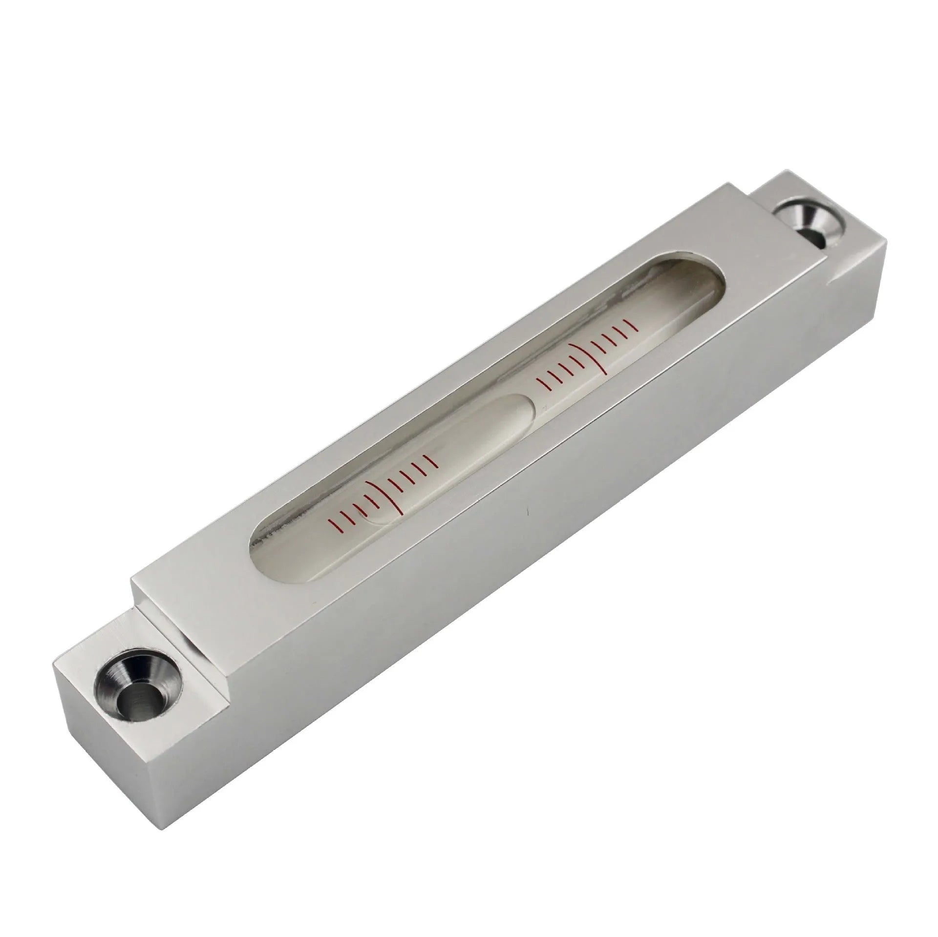 Metal and glass mini strip spirit level measuring 132mm long with accuracy markings.