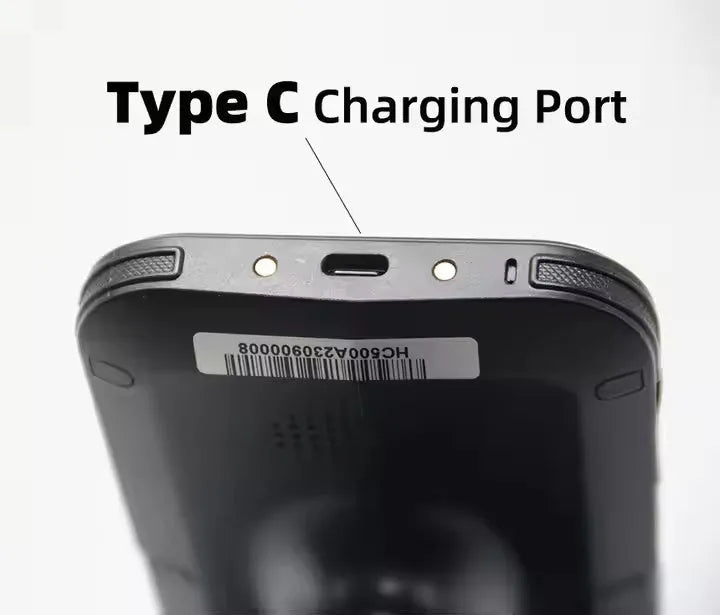 SLP-05 handheld UHF RFID scanner with Android touchscreen and integrated barcode scanner.