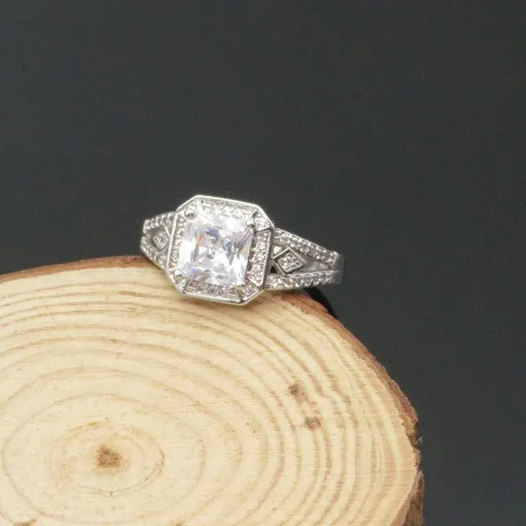Geometric hollow zircon ring in platinum finish, quadrilateral design, women's jewellery