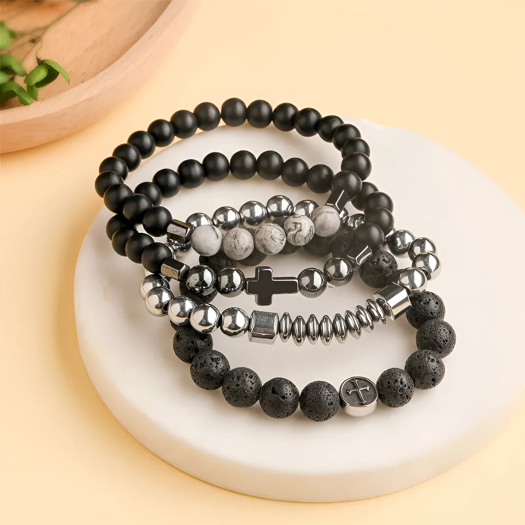 Geometric men's bracelet with volcano-coloured agate bead on stainless steel band