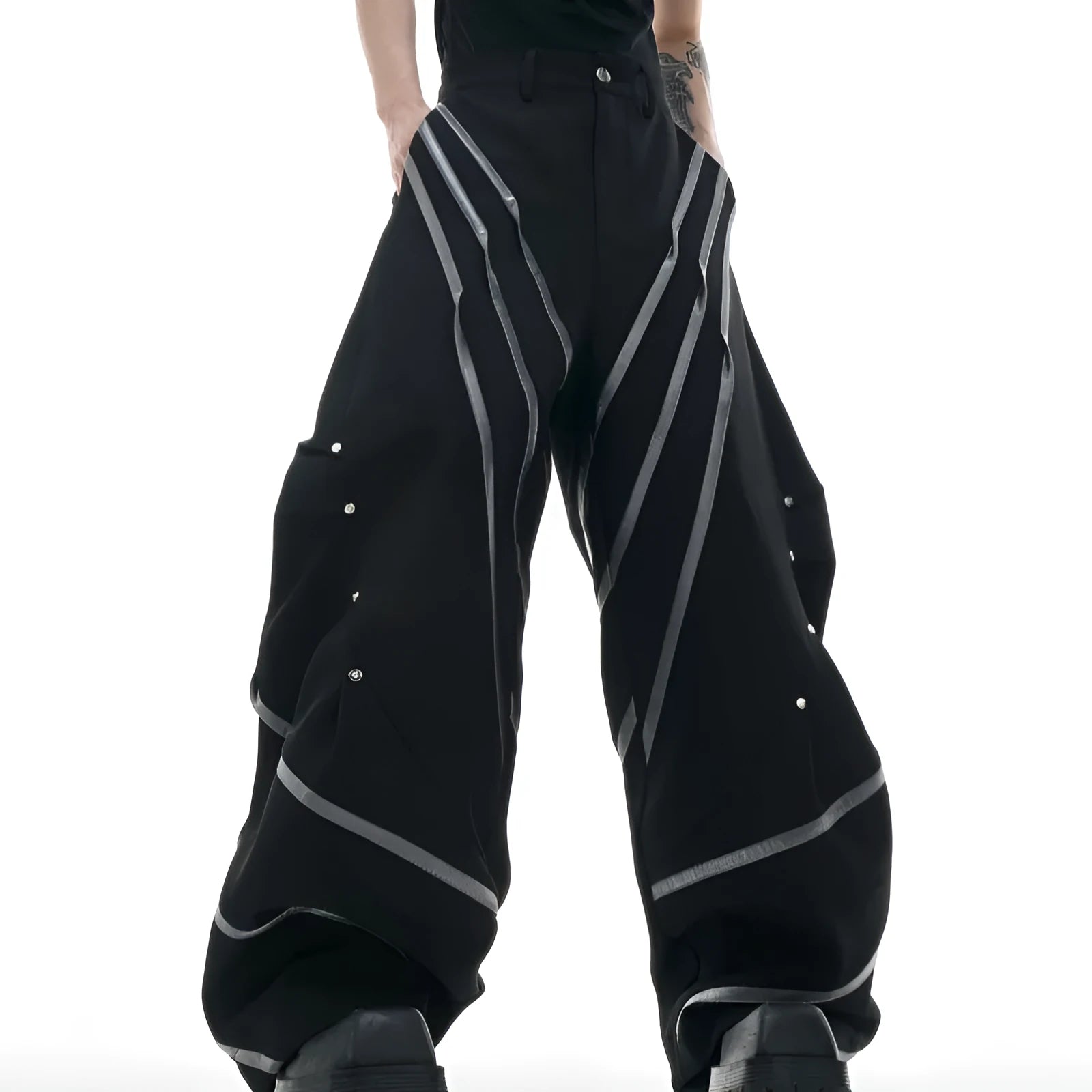 Men's polyester trousers with three-dimensional cutting, metal striped rivets, and pleated design