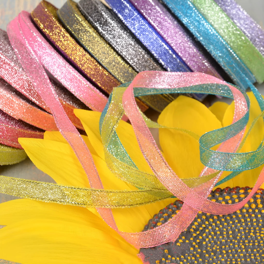 Green onion textured polyester ribbon with metallic wire accents on spool, 3-point size decorative trim for clothing and packaging