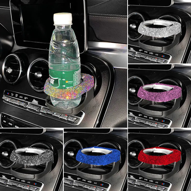 Car interior water cup bracket with decorative diamond accents mounted on air vent