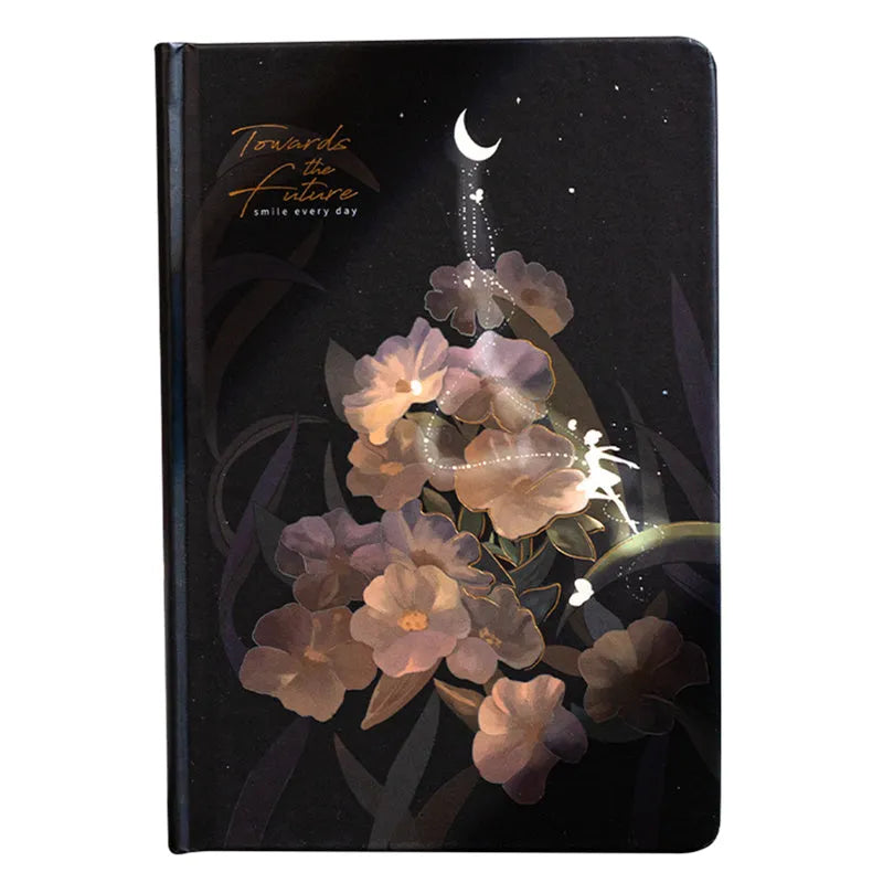 A5 notebook with luminous cover open to show internal colour illustrations, in Deep Blue, Gold, Light Blue, and Purple options