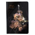 A5 notebook with luminous cover open to show internal colour illustrations, in Deep Blue, Gold, Light Blue, and Purple options
