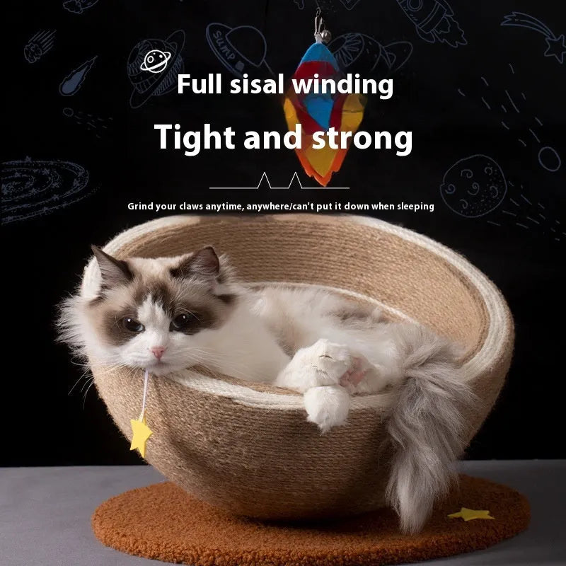 Large cat scratching post integrated with a flannel-lined nest, wrapped in natural sisal rope on a wooden base.