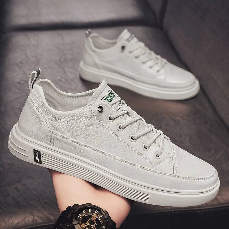 Men's white casual PU shoes with a round toe and low flat heel.