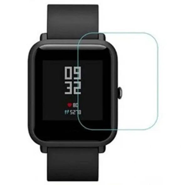 Amazfit Bip S smartwatch with full screen transparent TPU hydrogel protector applied.