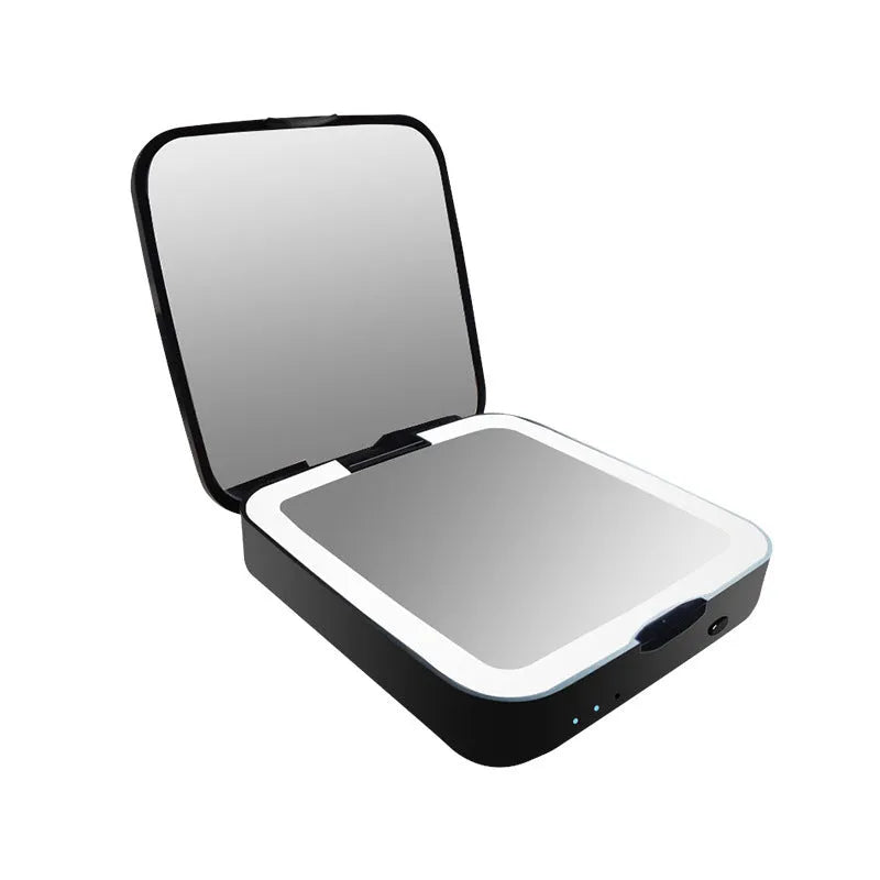 Black and white makeup mirror with 4x magnification on one side, HD mirror on the other, and adjustable lighting controls.