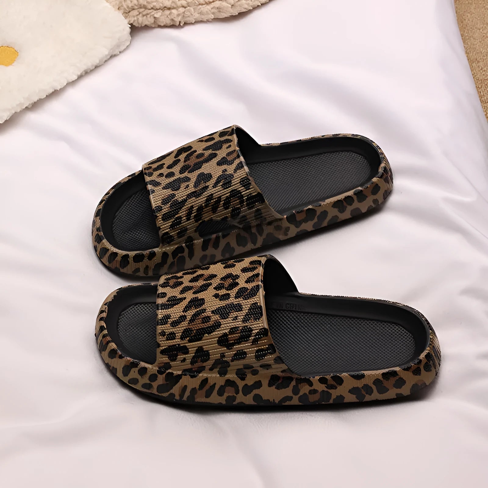 EVA material leopard print slippers with thick bottom design shown in multiple colour options