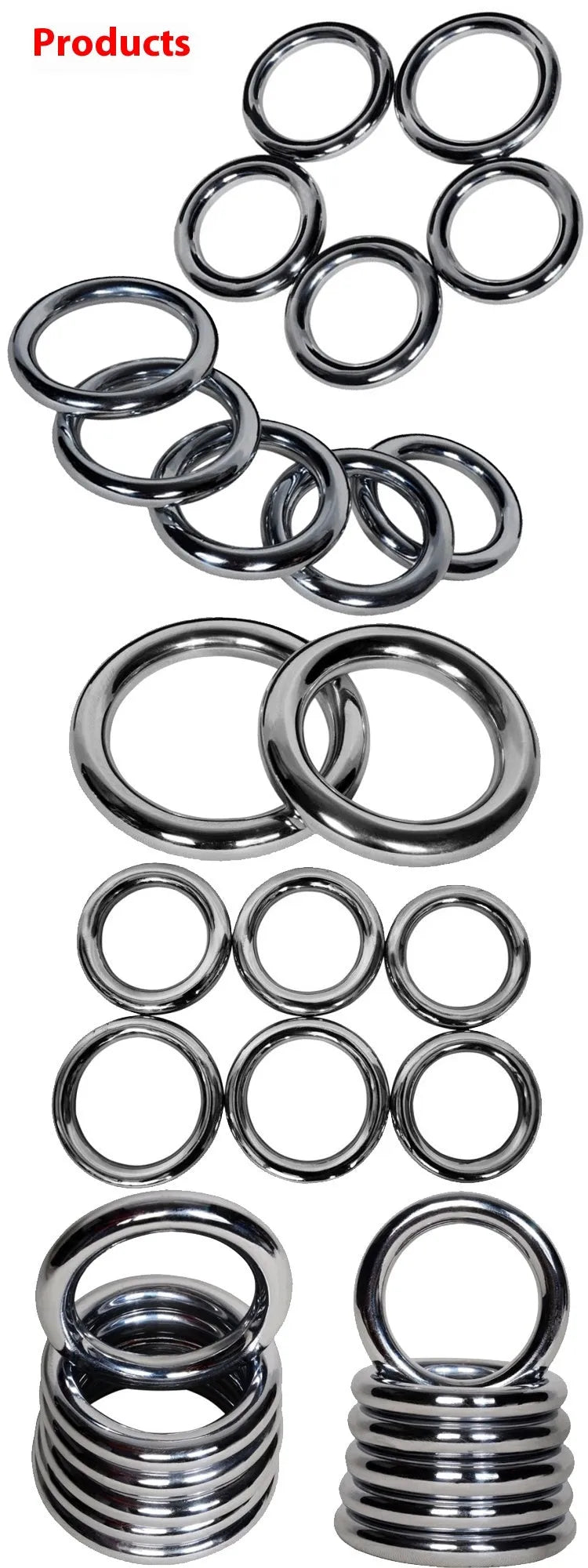 Carbon steel Wing Chun training ring for Iron Arm Skill on a plain background, showing three size options.