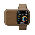 Portable Apple Watch charging case power bank with silicone sleeve in brown, blue, and starlight colours