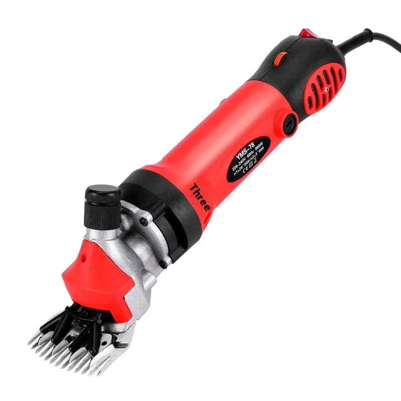 Yellow 110V electric wool shears with 13-tooth straight blade and maintenance accessories including multiple blade pairs