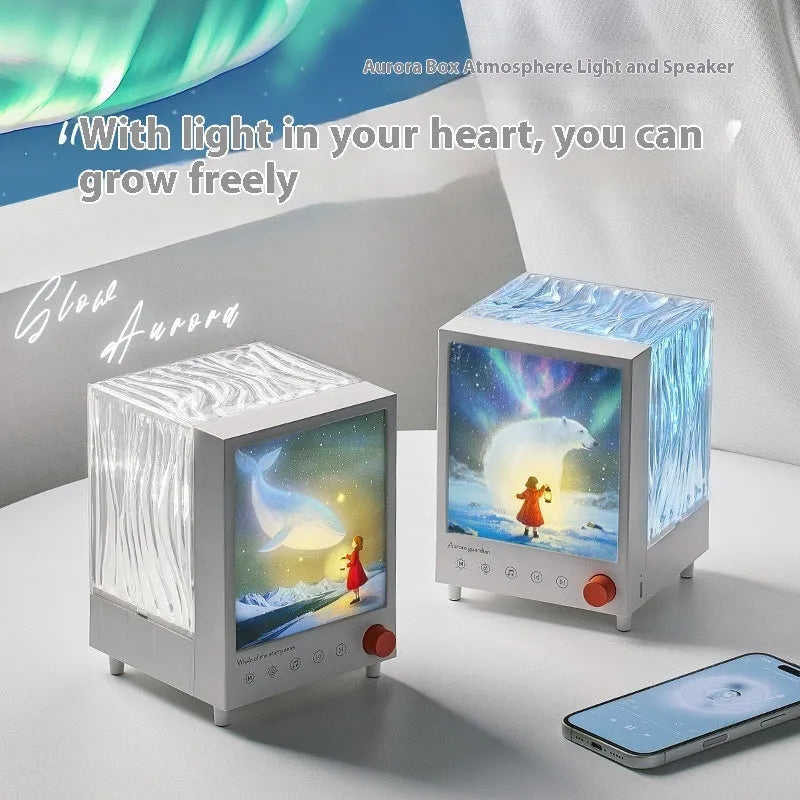 Aurora Treasure Box cubic projection lamp showing star sea whale coloured light projection.