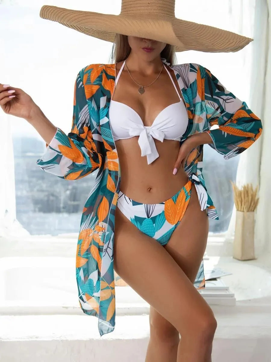 Women's three-piece mesh split swimsuit set with cropped jacket in various colour options