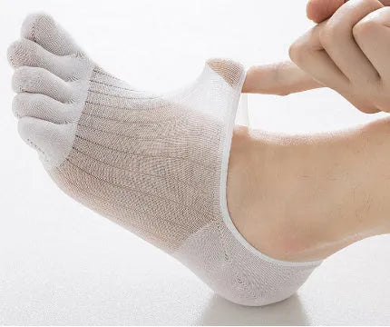 Ultra-thin modal cotton five-finger boat socks in black, shown on a foot.