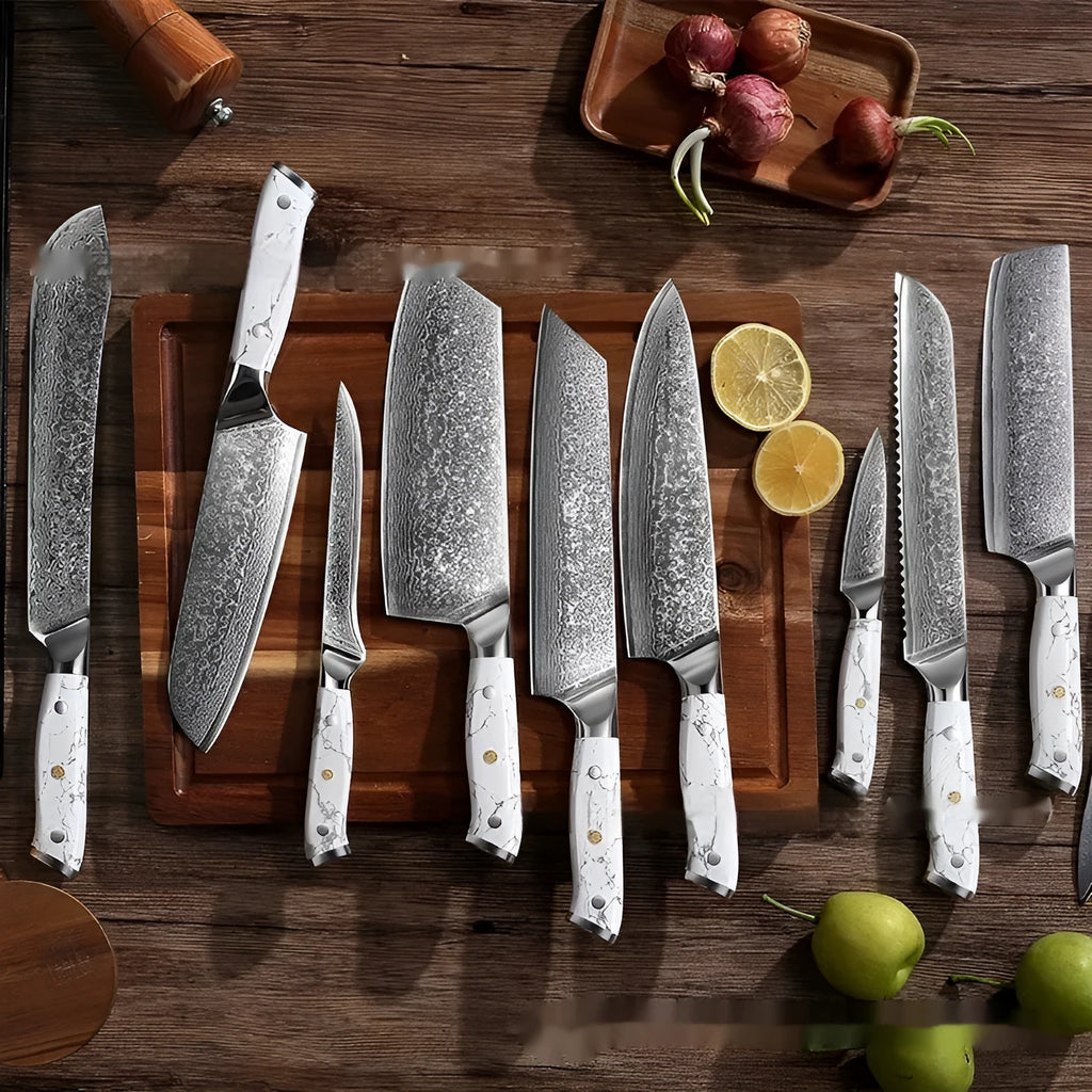 Damascus pattern chef's knife with 21cm VG10 steel blade and 11cm handle on a kitchen counter.