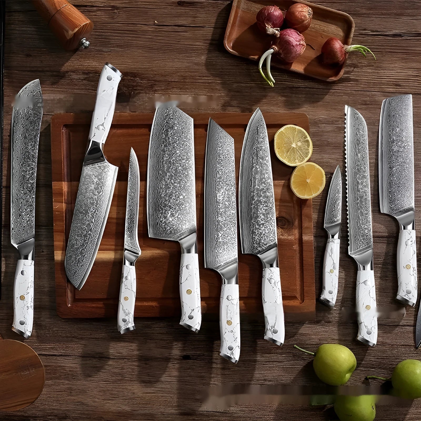 Damascus pattern chef's knife with 21cm VG10 steel blade and 11cm handle on a kitchen counter.