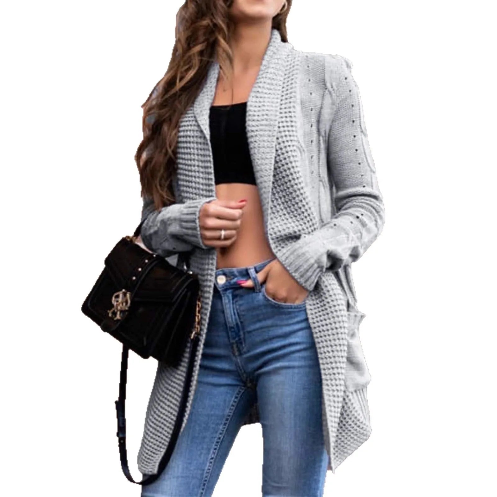 Grey loose-fitting women's cardigan coat with front pockets.