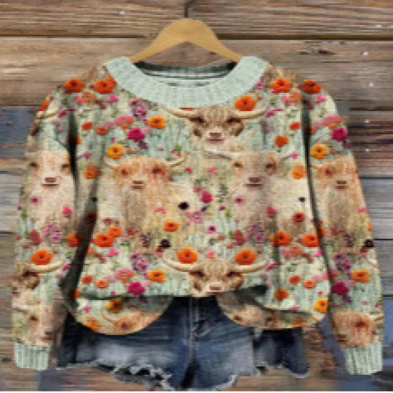 Women's floral digital printed round neck sweater in polyester fabric showing small flower pattern