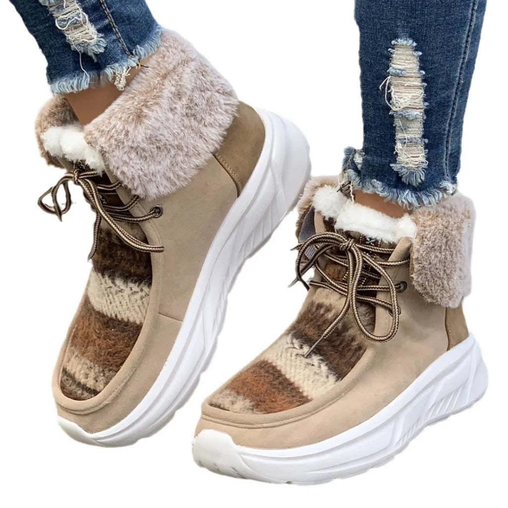 Women's beige lace-up snow boots with fuzzy lining and thick rubber sole