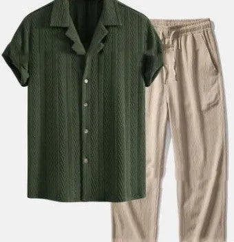 Men's loose short sleeve shirt and full-length trousers casual suit set on a hanger.