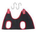 Pet grooming hammock restraint bag hanging for cat or dog nail clipping and bath time.