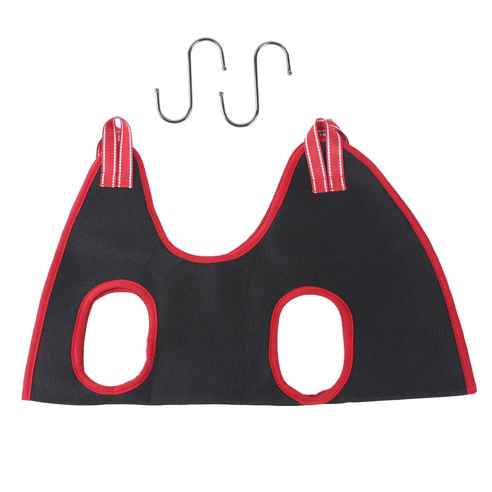 Pet grooming hammock restraint bag hanging for cat or dog nail clipping and bath time.