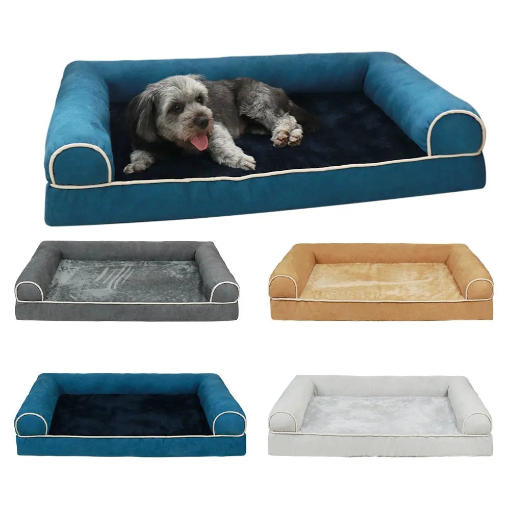Square cloth-covered sponge dog bed in beige colour, shown in a medium size.