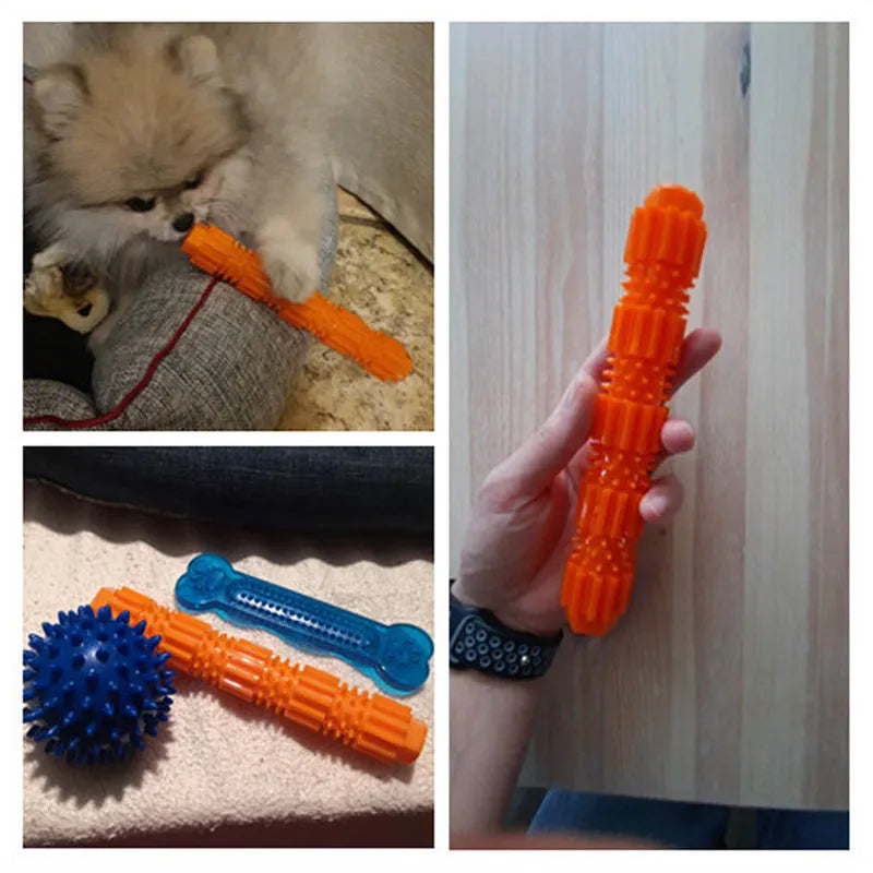 Green and orange rubber dog chew toy with treat dispensing opening and textured cleaning surfaces