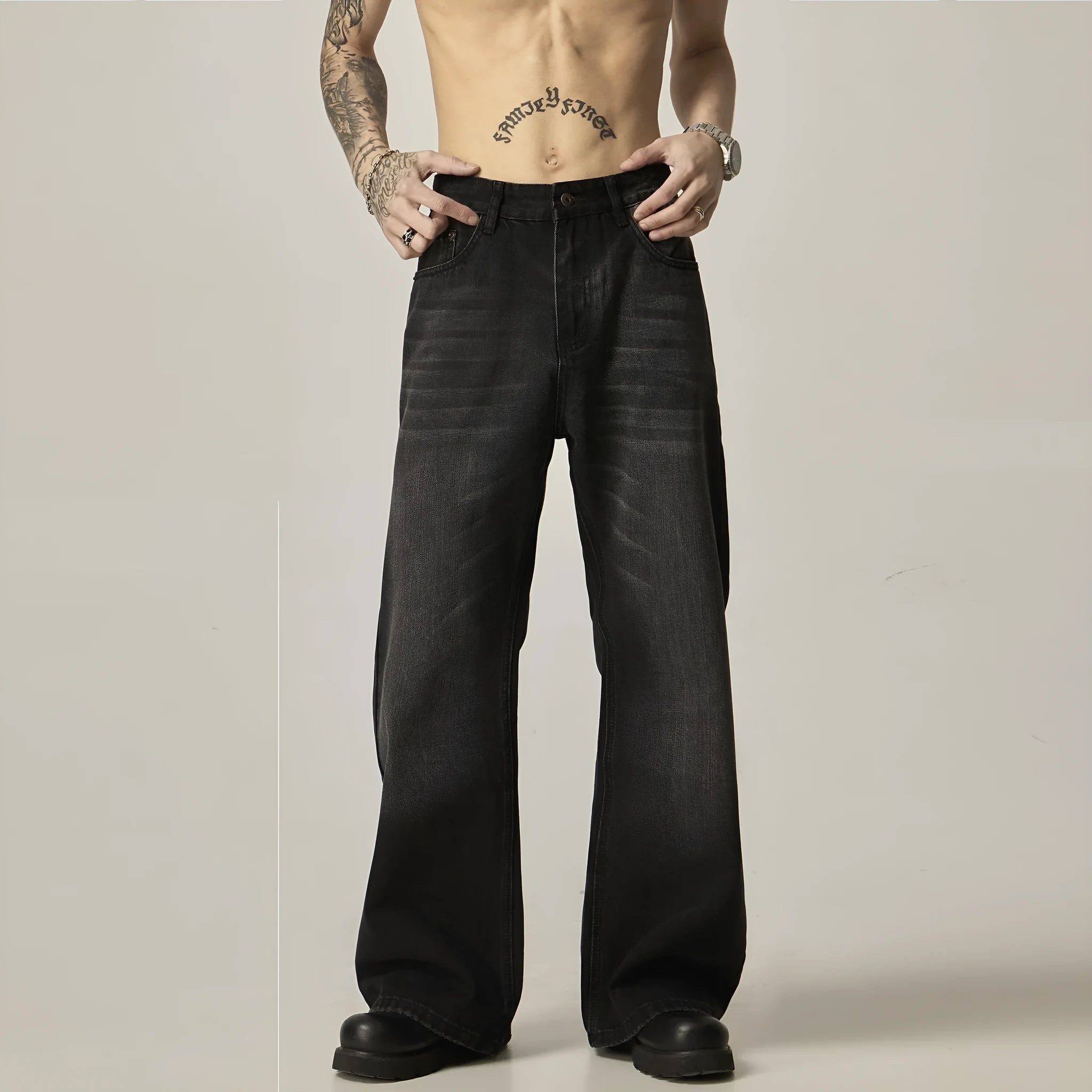 Black loose straight leg jeans with zipper fly and retro styling