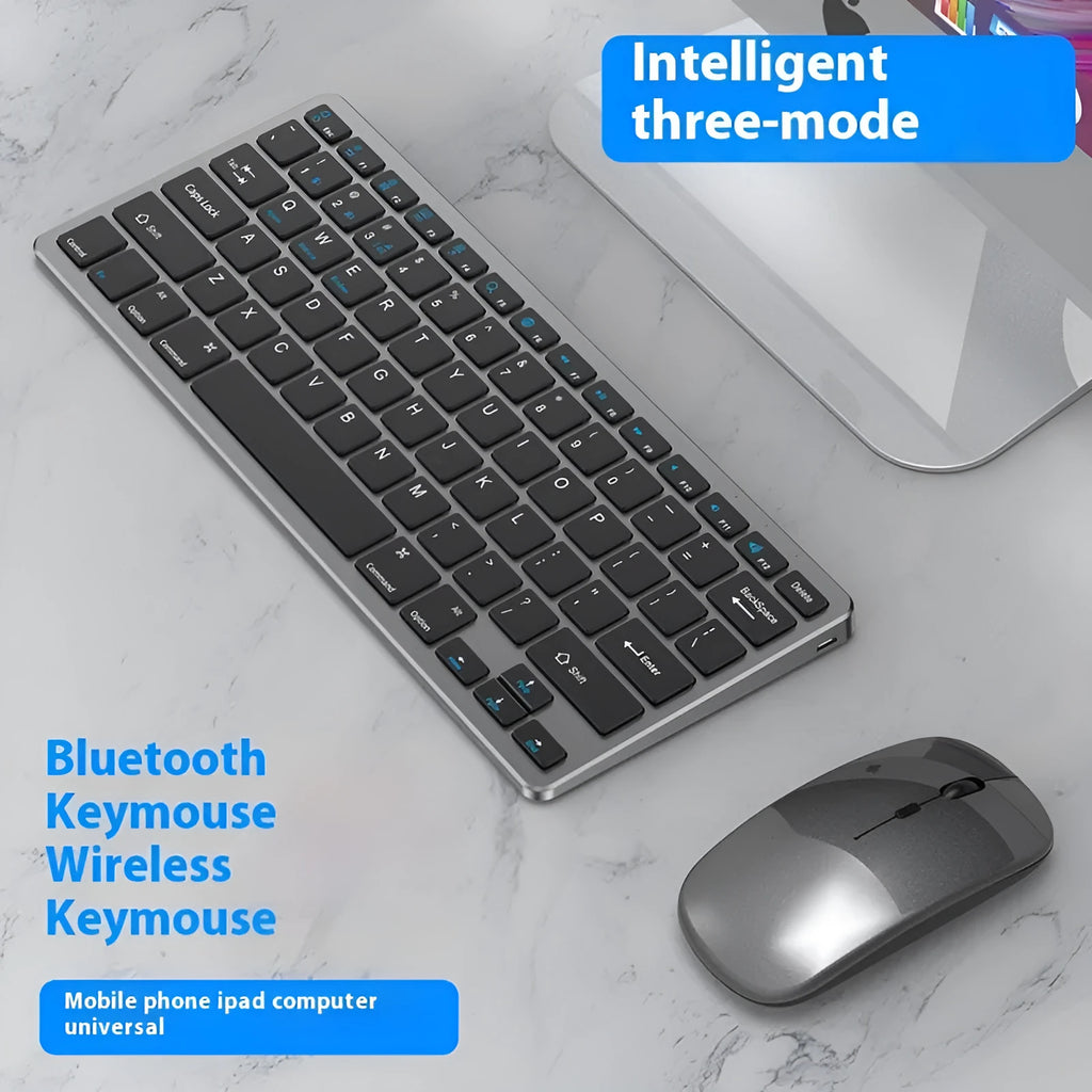 Ultra-thin wireless keyboard and mouse combo in black, gun colour, or silver with charging cable and receiver