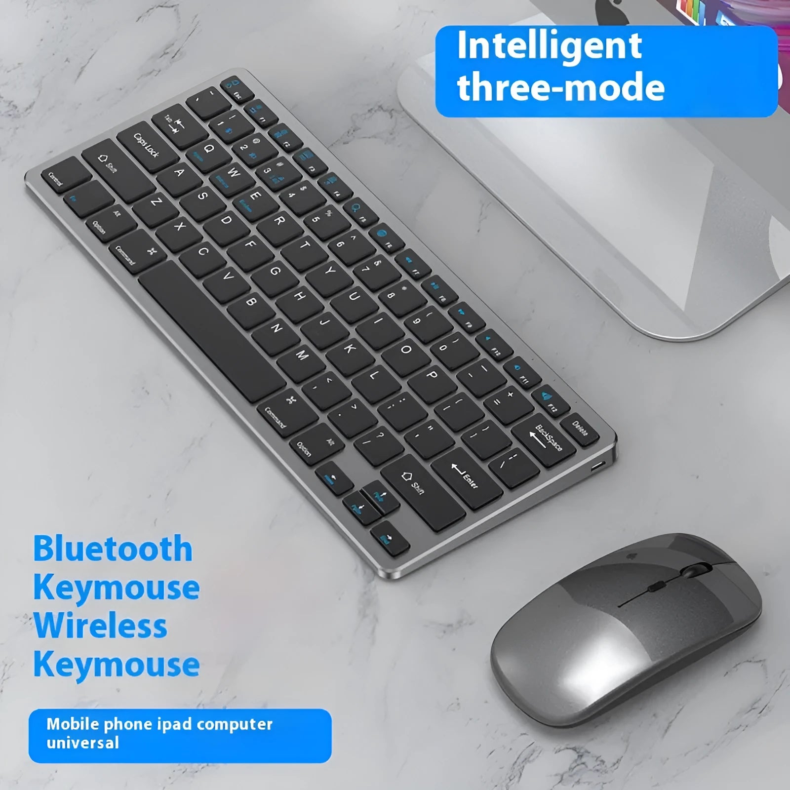 Ultra-thin wireless keyboard and mouse combo in black, gun colour, or silver with charging cable and receiver