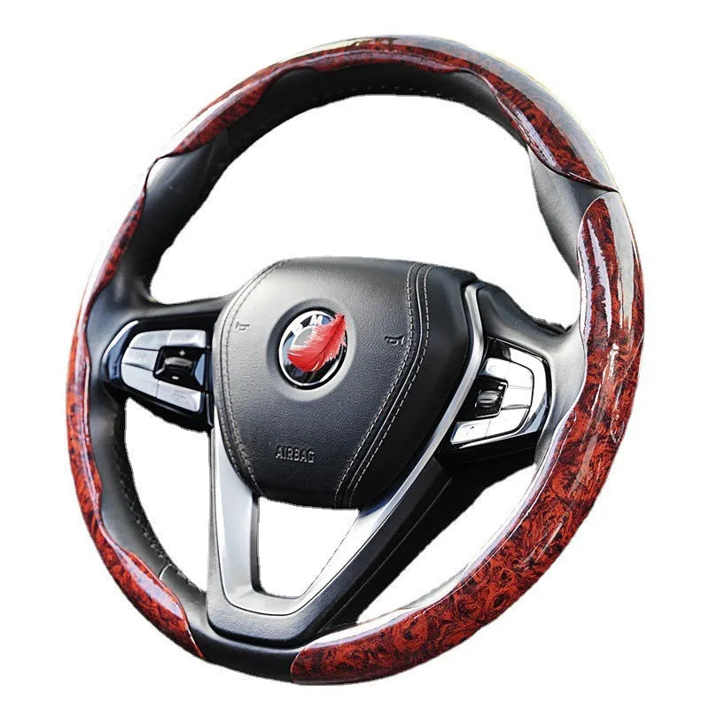 Peach wood grain artificial leather steering wheel sleeve with card pocket for 38cm diameter wheels